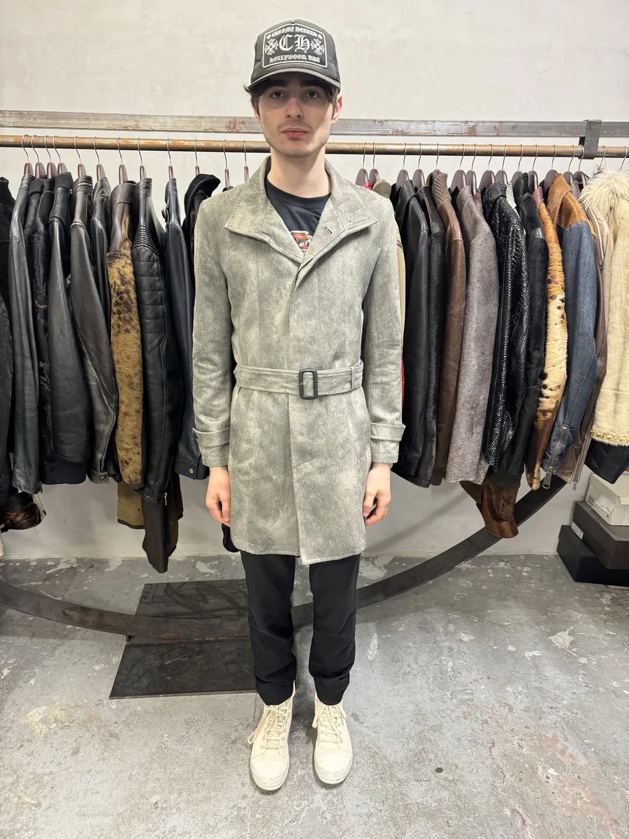 Tornado Mart Grey Suede Belted Trench Jacket (S) 3