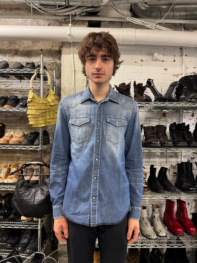 AW2017 Maison Margiela Blue Faded Denim Snap Shirt (M) yAZTnCN 2