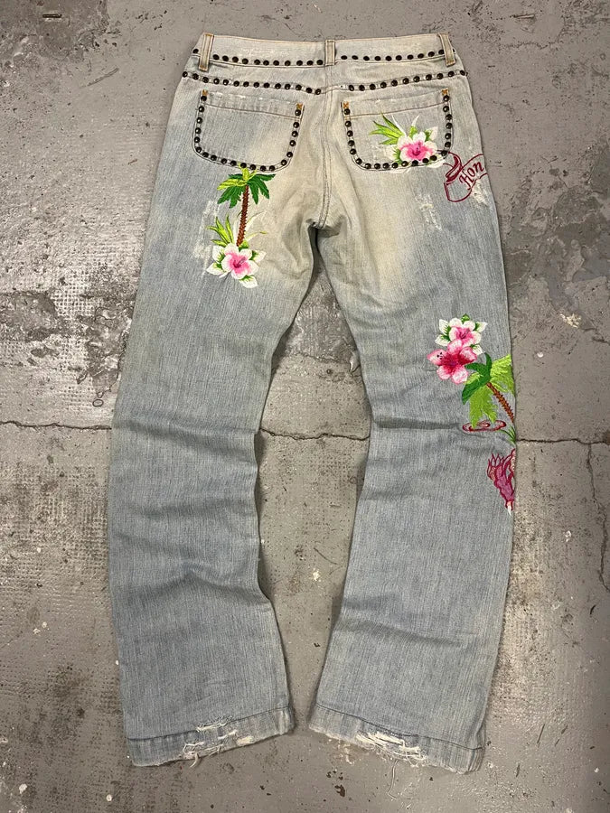 SS2006 Dolce & Gabbana Blue Embroidered Honolulu Denim Embellished Jeans (M) TzqVKCE 1