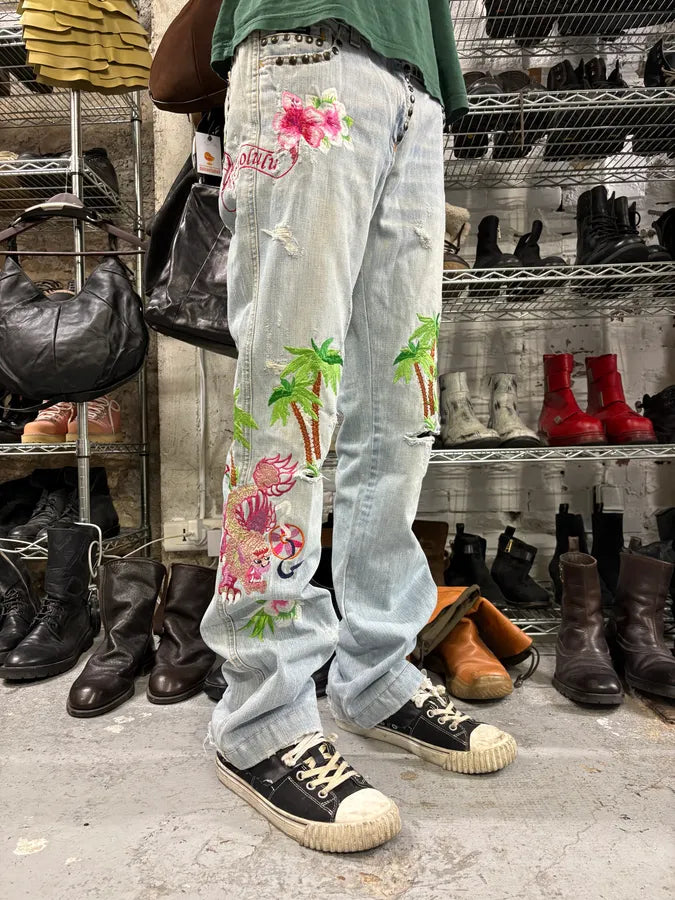 SS2006 Dolce & Gabbana Blue Embroidered Honolulu Denim Embellished Jeans (M) TzqVKCE 4