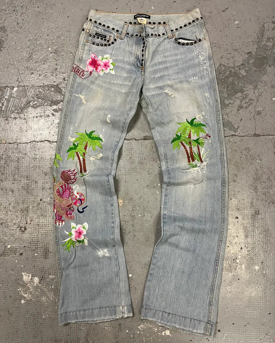 SS2006 Dolce & Gabbana Blue Embroidered Honolulu Denim Embellished Jeans (M) TzqVKCE 0