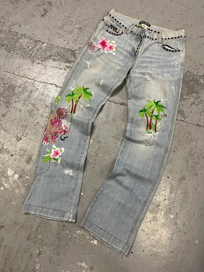 SS2006 Dolce & Gabbana Blue Embroidered Honolulu Denim Embellished Jeans (M) TzqVKCE 5