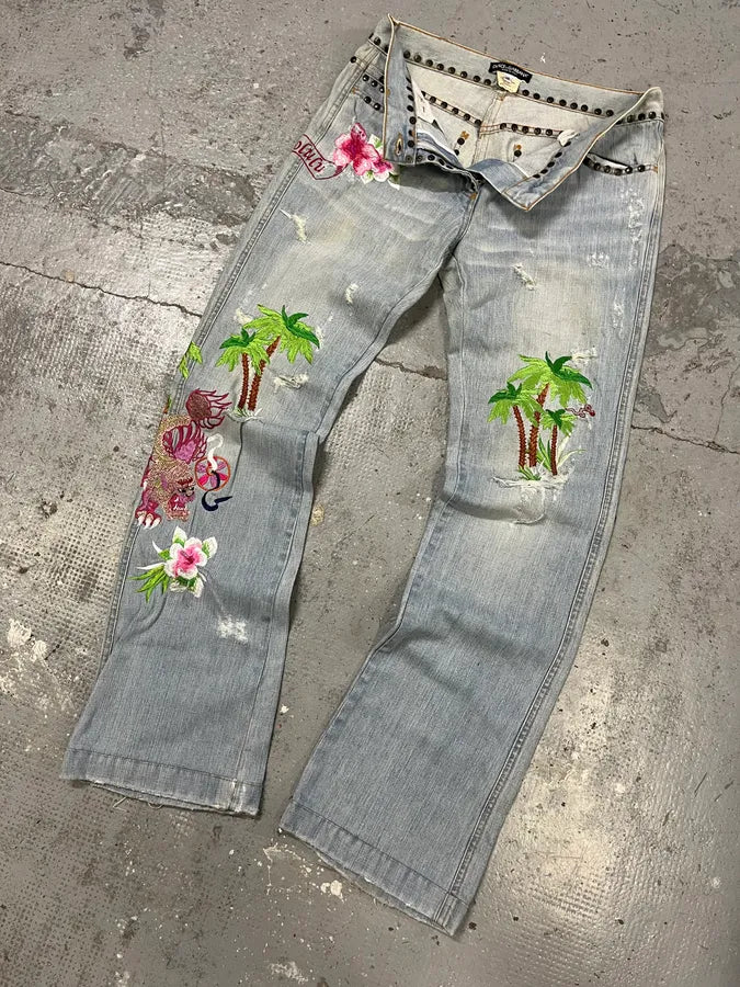 SS2006 Dolce & Gabbana Blue Embroidered Honolulu Denim Embellished Jeans (M) TzqVKCE 6