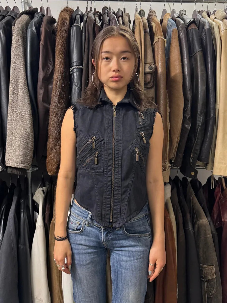 2000s Cavalli Black Denim Distressed Vest  (S) Yyclnpv 1