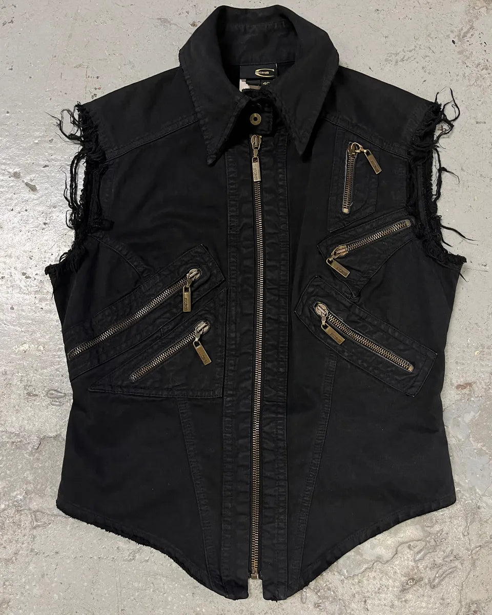 2000s Cavalli Black Denim Distressed Vest  (S) Yyclnpv 0
