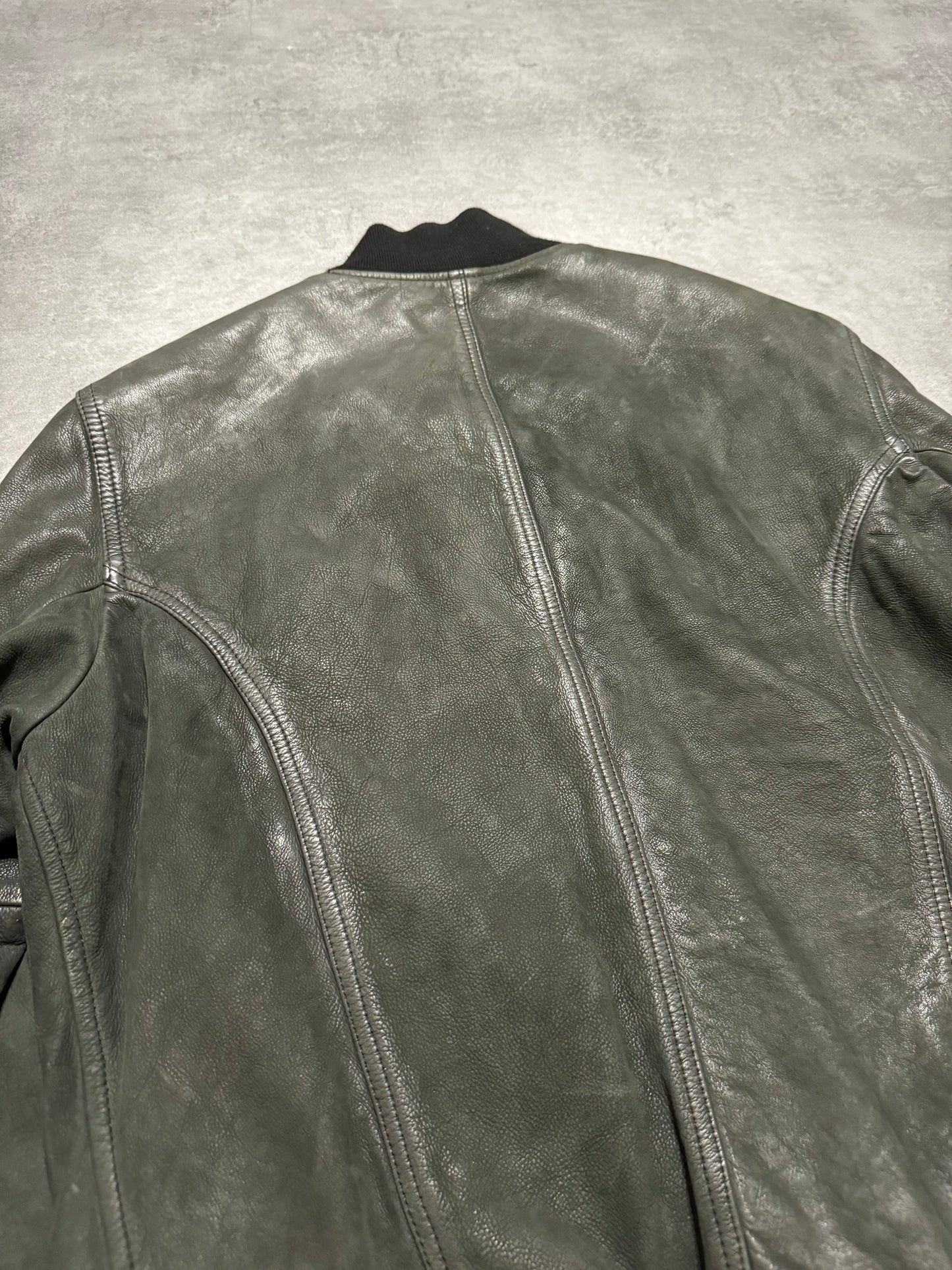 2000s Diesel Olive Biker Eroded Polished Leather Jacket (M/L) - 5