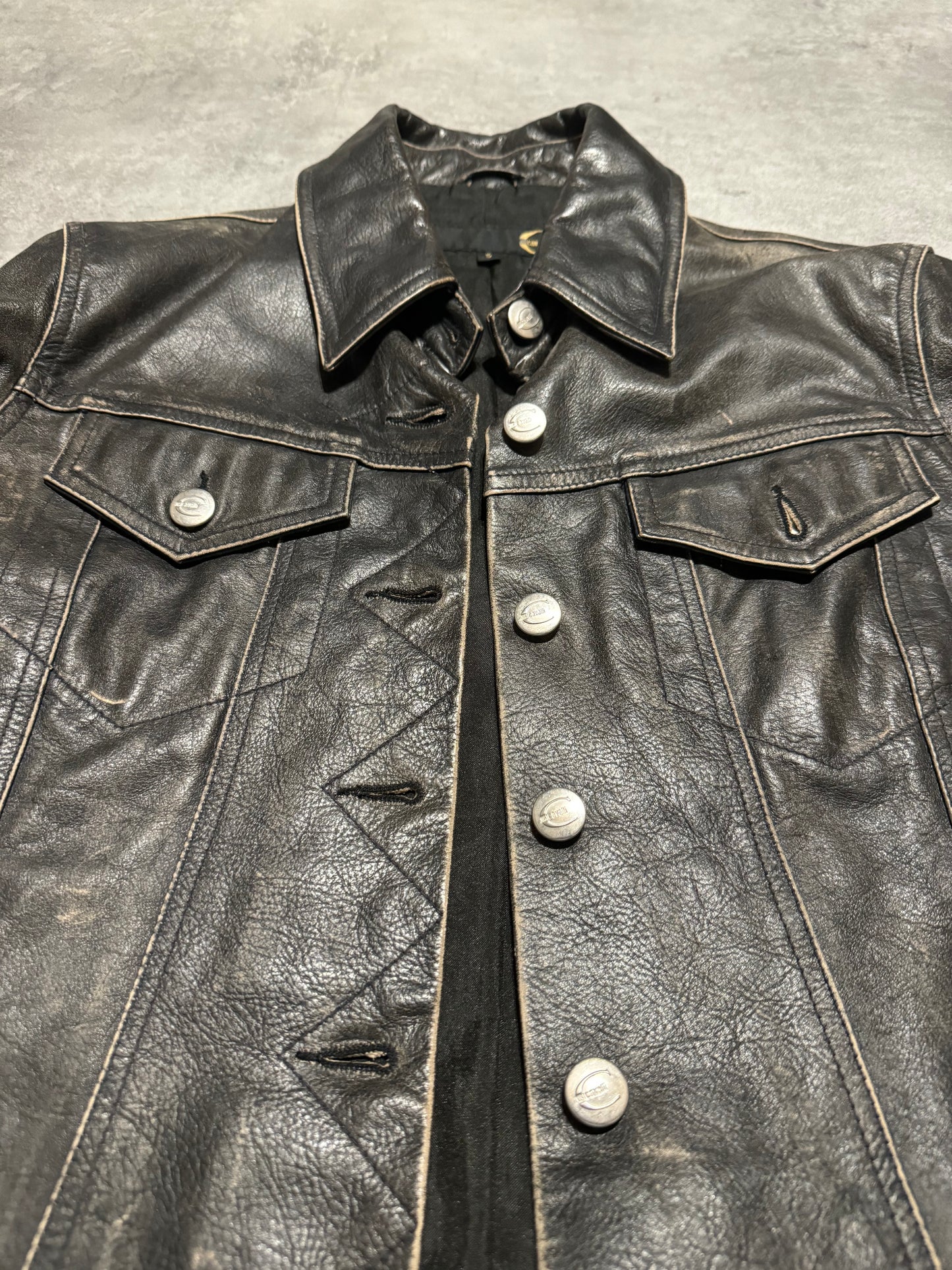 2000s Cavalli Brut Raw Patin Archive Leather Jacket (XS) - 8