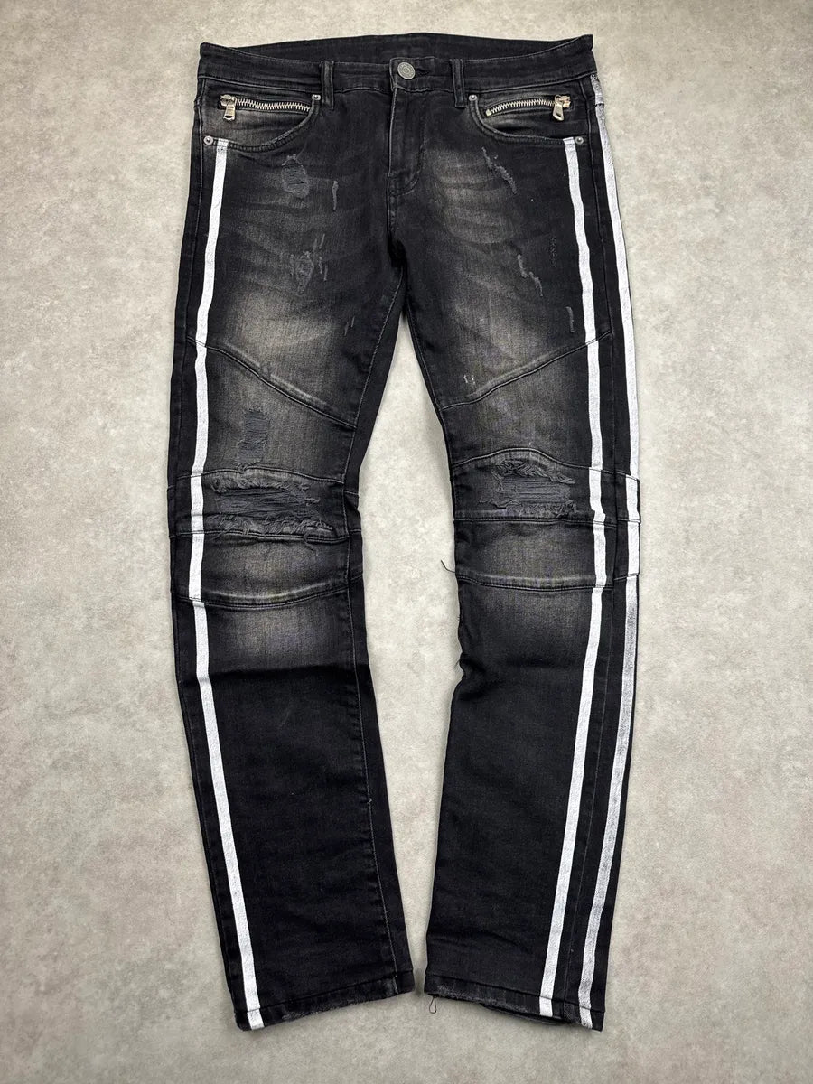 SS2015 Balmain Black Denim Side Stripe Biker Jeans uIfQJQBe 0