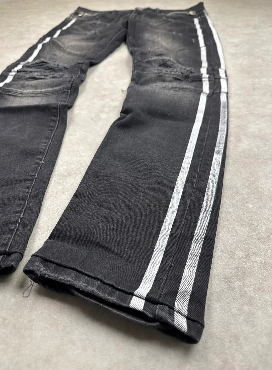 SS2015 Balmain Black Denim Side Stripe Biker Jeans uIfQJQBe 9
