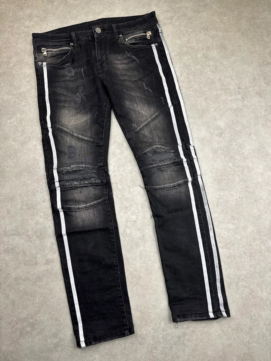 SS2015 Balmain Black Denim Side Stripe Biker Jeans uIfQJQBe 4
