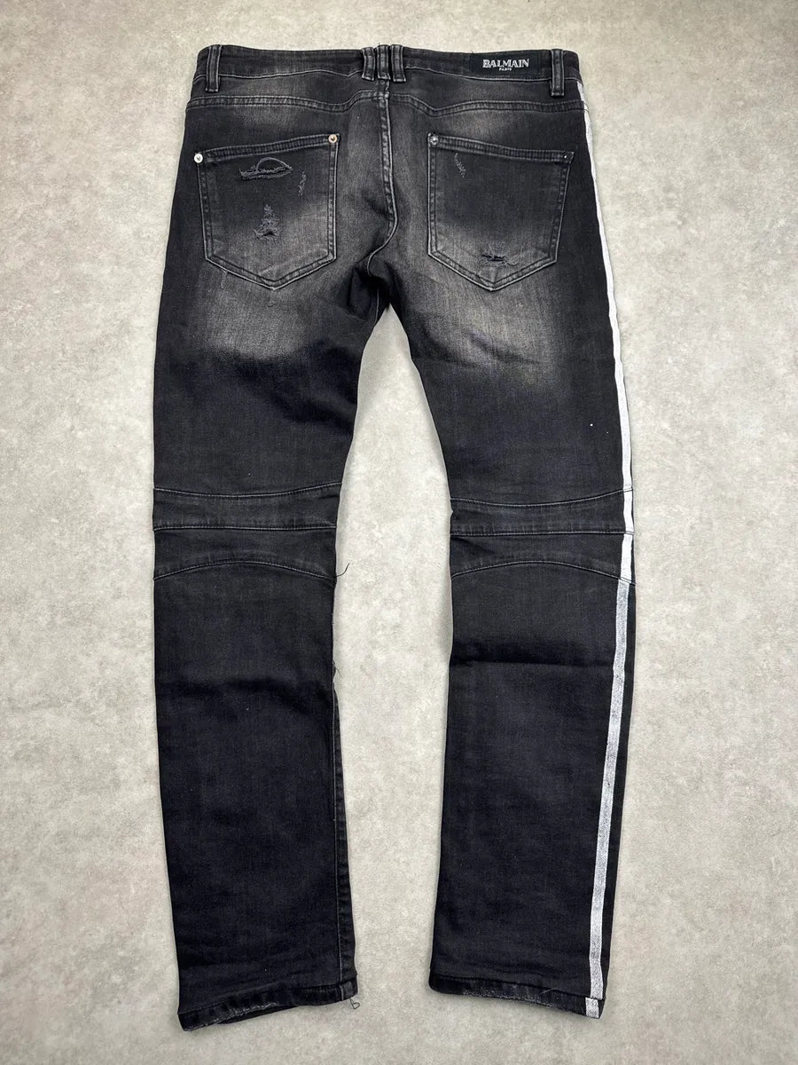 SS2015 Balmain Black Denim Side Stripe Biker Jeans uIfQJQBe 5
