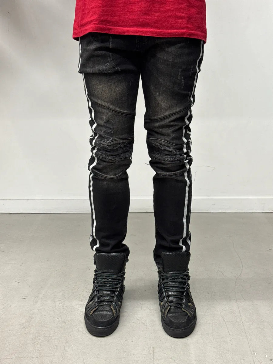 SS2015 Balmain Black Denim Side Stripe Biker Jeans uIfQJQBe 1