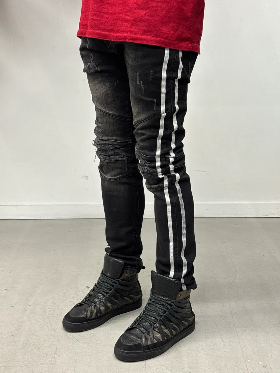 SS2015 Balmain Black Denim Side Stripe Biker Jeans uIfQJQBe 2