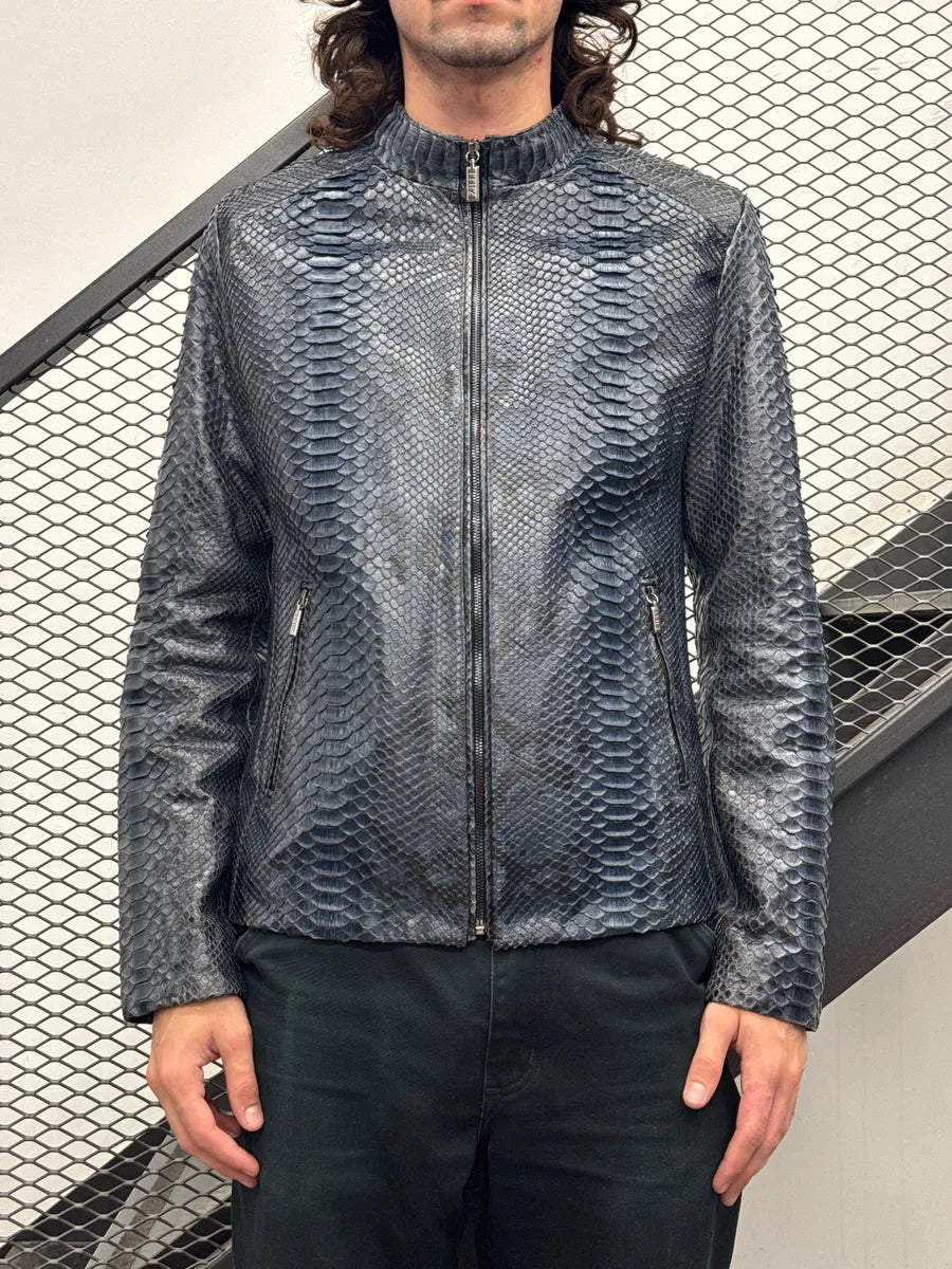 Zilli Grey & Navy Python Leather Silk Lining Leather Jacket ufnNIcTW 1