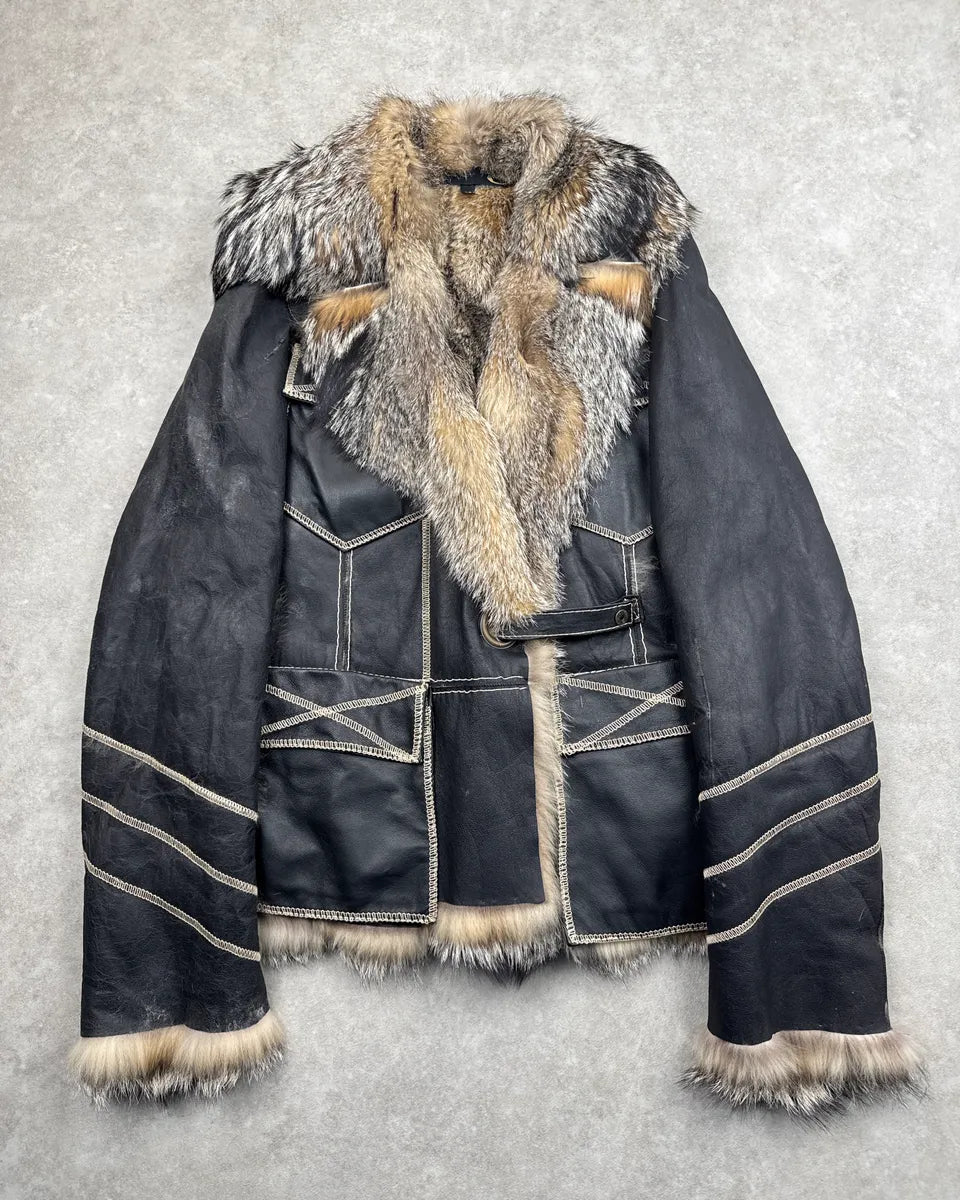AW2005 Cavalli Faded Black Leather Fox Fur Trim Leather Jacket uhQEXPMm 0