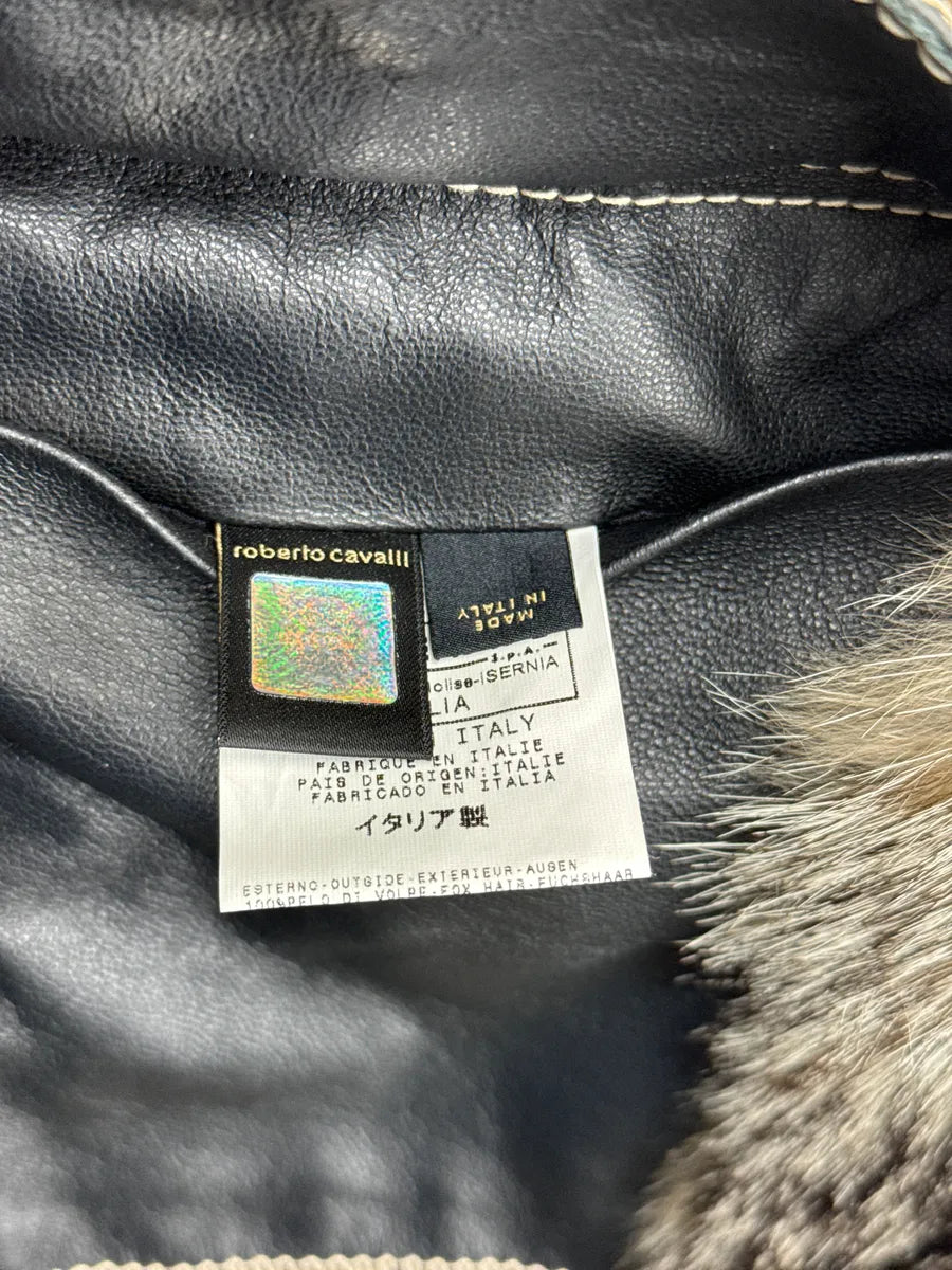 AW2005 Cavalli Faded Black Leather Fox Fur Trim Leather Jacket uhQEXPMm 12