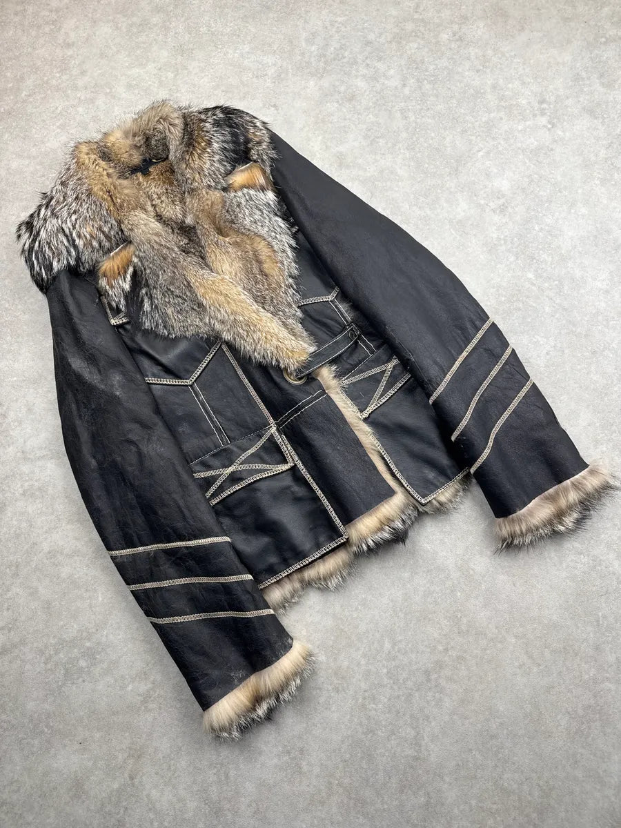AW2005 Cavalli Faded Black Leather Fox Fur Trim Leather Jacket uhQEXPMm 4