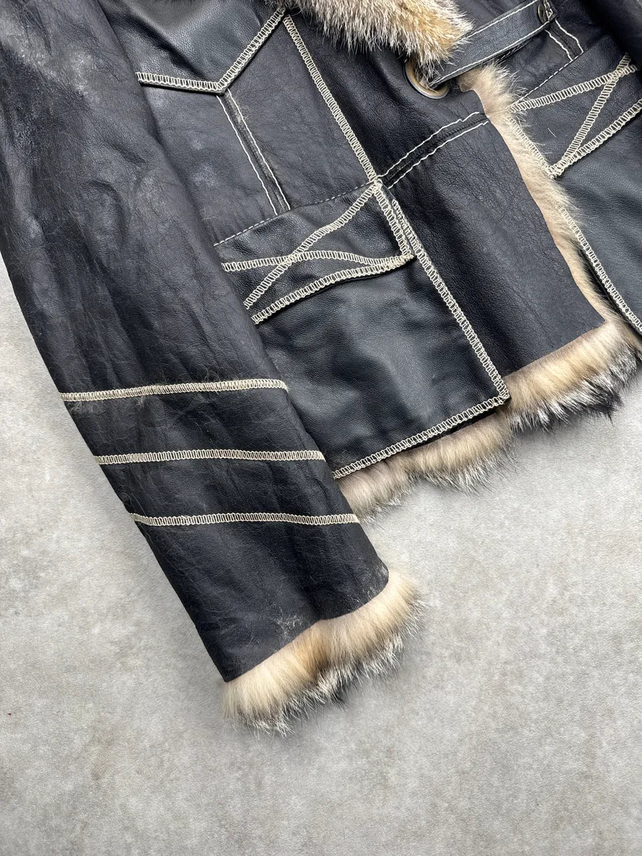 AW2005 Cavalli Faded Black Leather Fox Fur Trim Leather Jacket uhQEXPMm 6