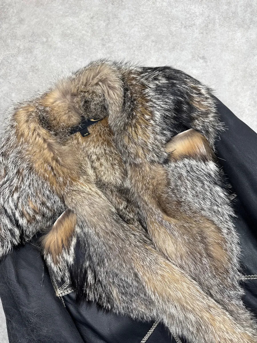 AW2005 Cavalli Faded Black Leather Fox Fur Trim Leather Jacket uhQEXPMm 7