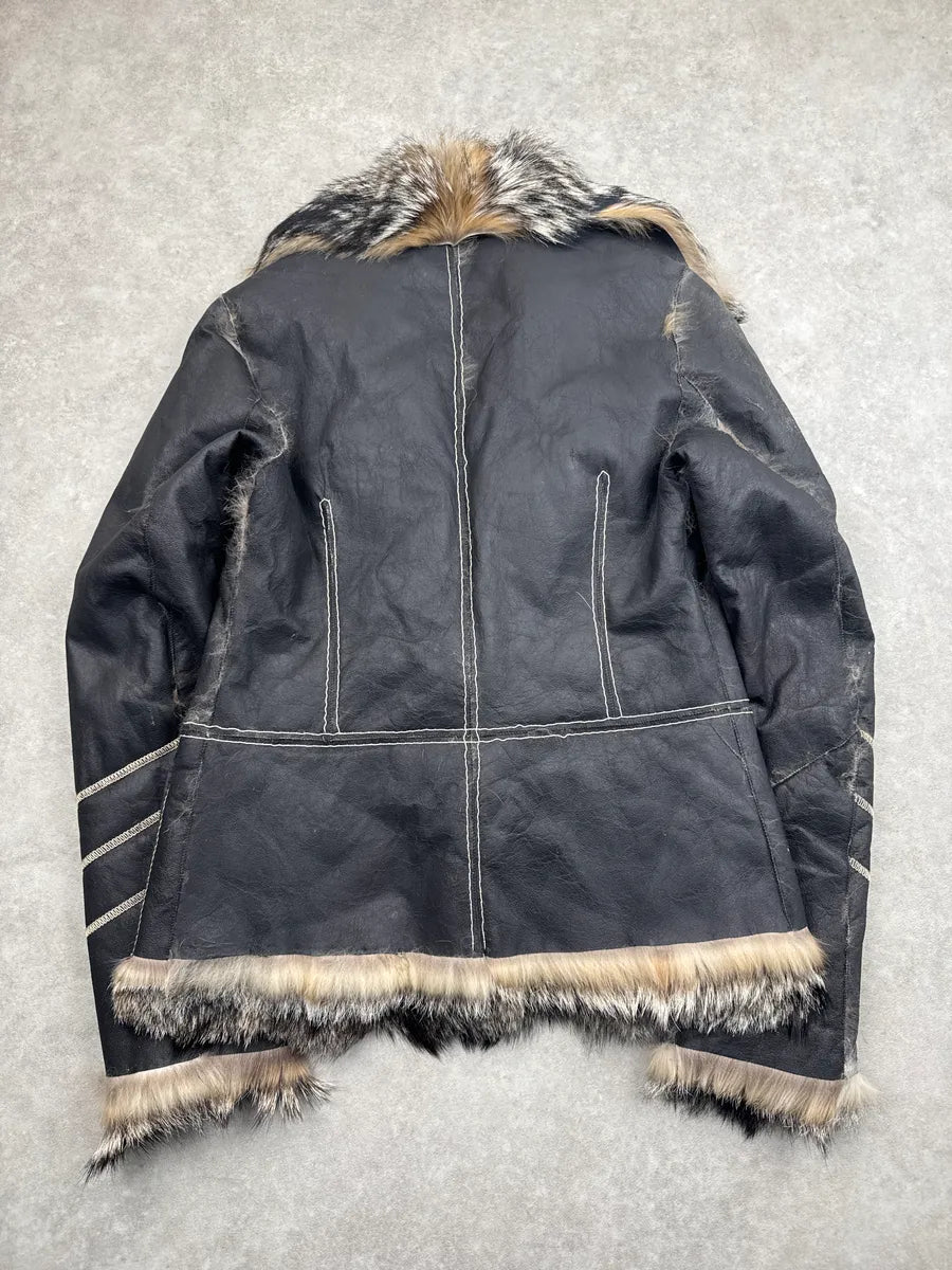 AW2005 Cavalli Faded Black Leather Fox Fur Trim Leather Jacket uhQEXPMm 5