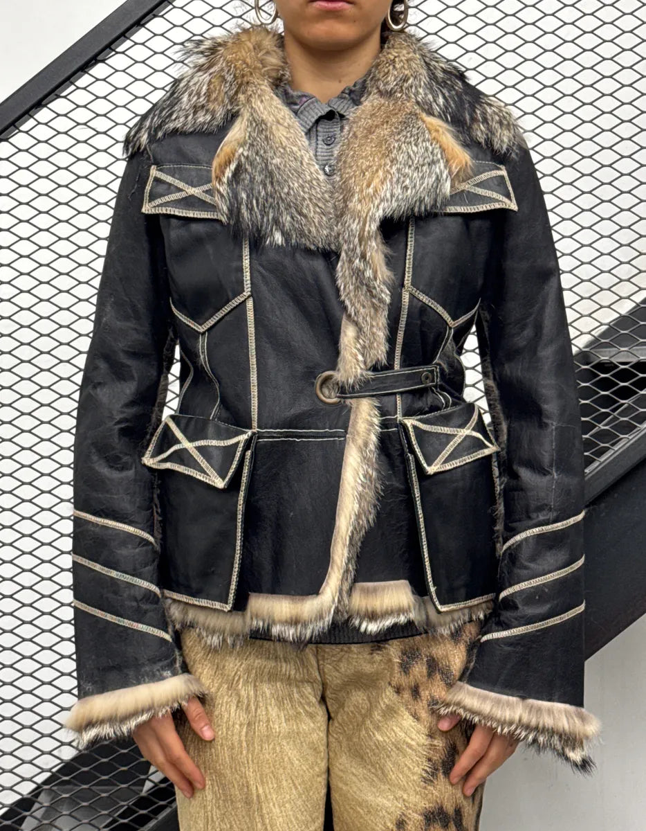 AW2005 Cavalli Faded Black Leather Fox Fur Trim Leather Jacket uhQEXPMm 1