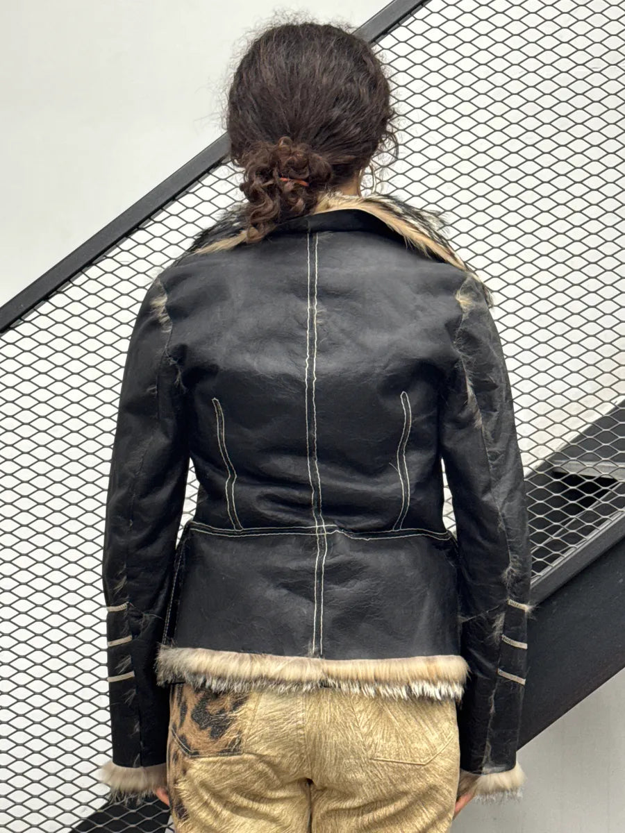 AW2005 Cavalli Faded Black Leather Fox Fur Trim Leather Jacket uhQEXPMm 3