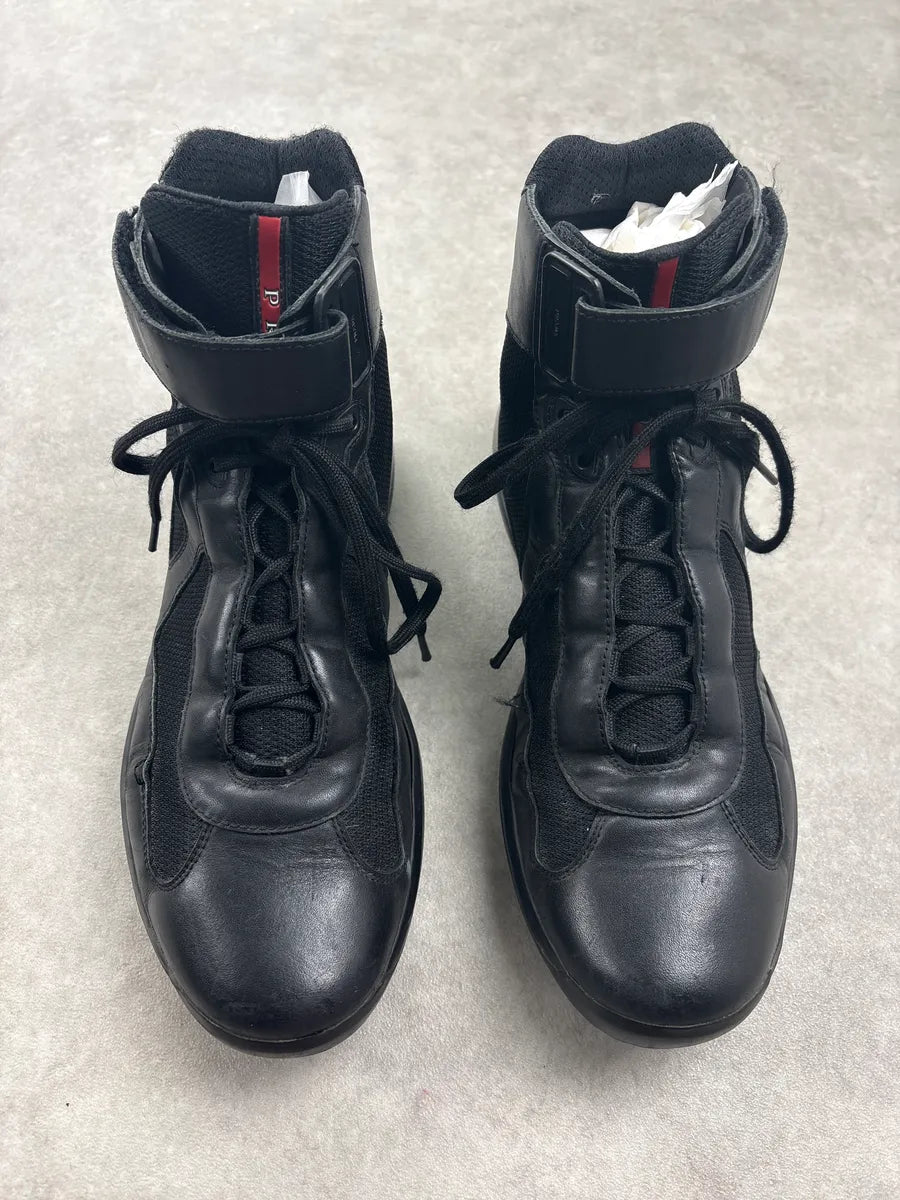 2000s Prada America's Cup Black Hybrid Leather & Mesh High Sneakers ulhSdkv 1