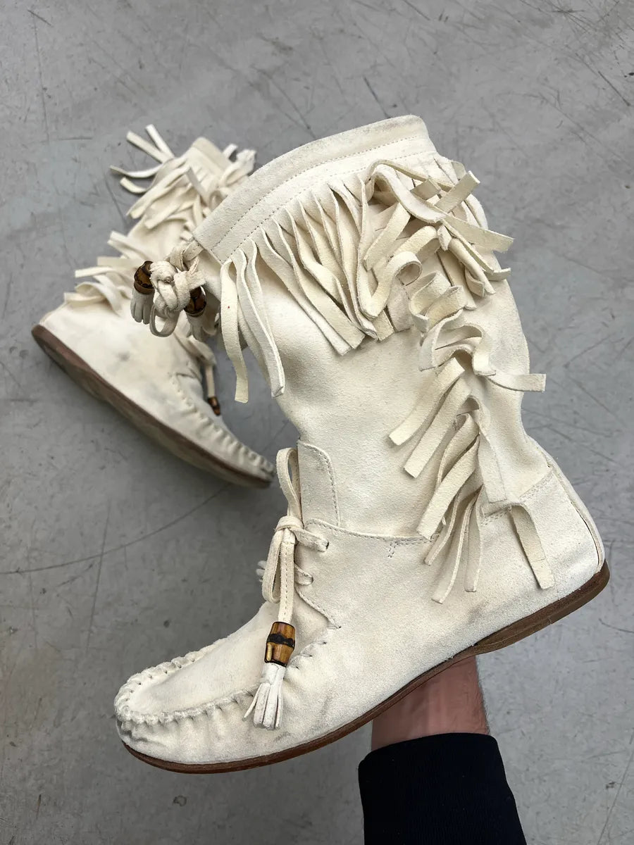2000s Gucci Bamboo Fringe Cream Suede Boots ushoxYoZ 0