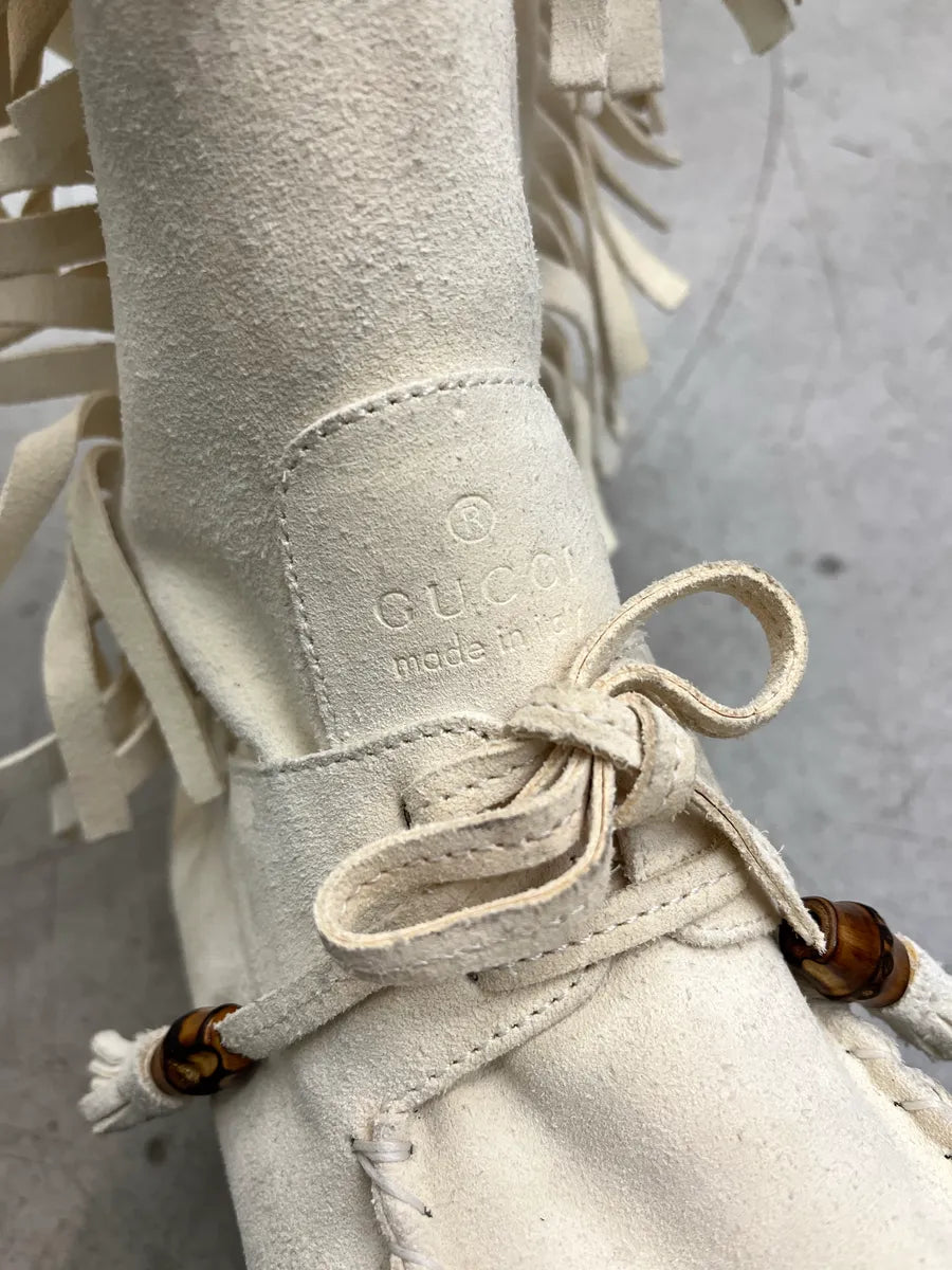 2000s Gucci Bamboo Fringe Cream Suede Boots ushoxYoZ 5