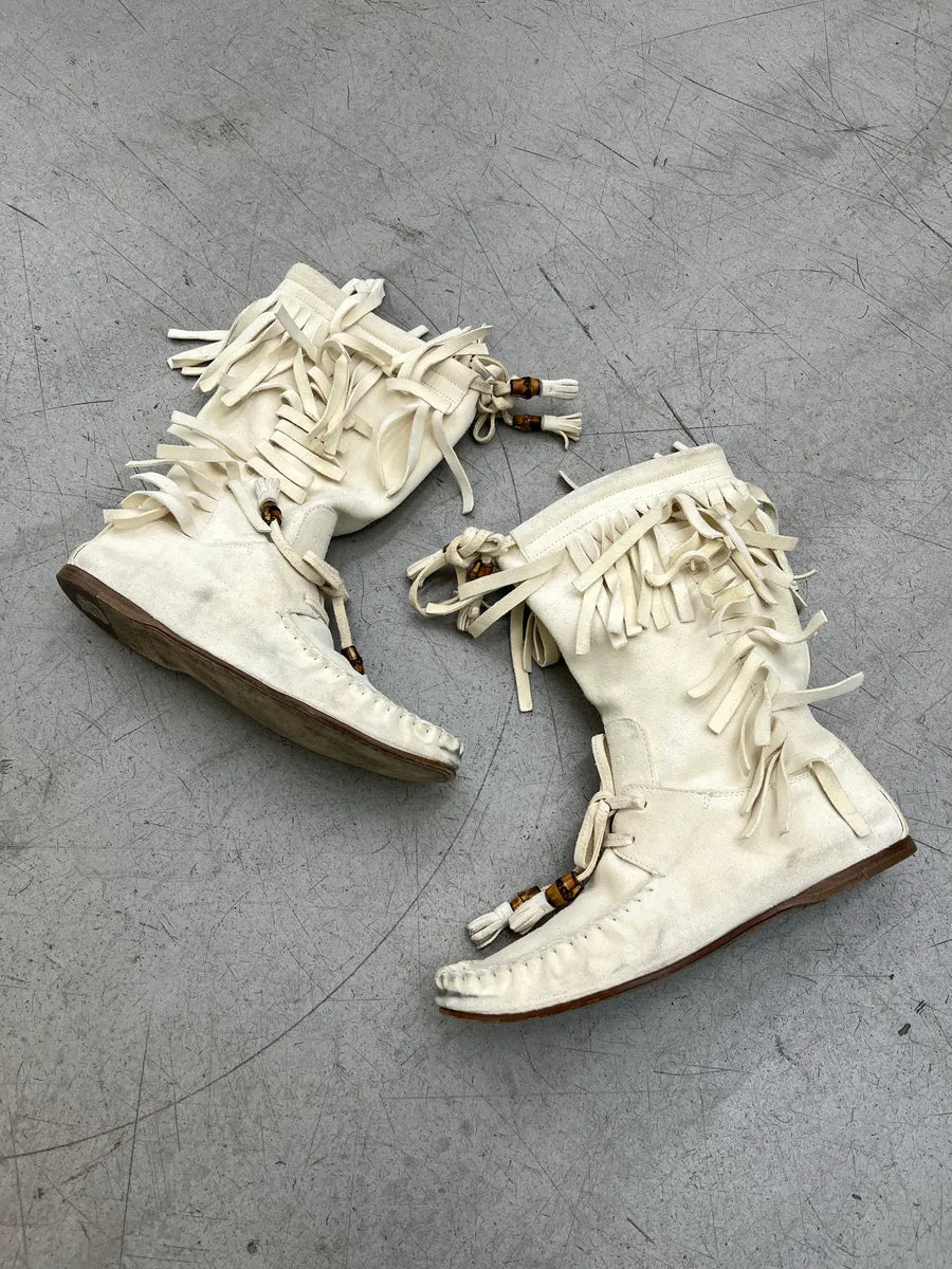 2000s Gucci Bamboo Fringe Cream Suede Boots ushoxYoZ 1