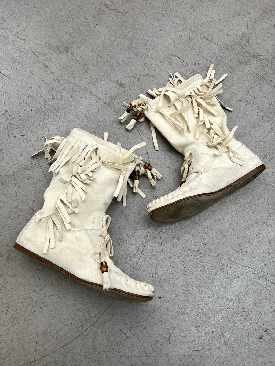 2000s Gucci Bamboo Fringe Cream Suede Boots ushoxYoZ 2