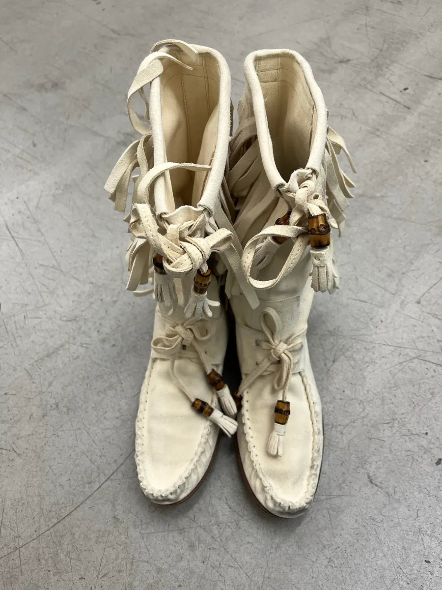 2000s Gucci Bamboo Fringe Cream Suede Boots ushoxYoZ 6