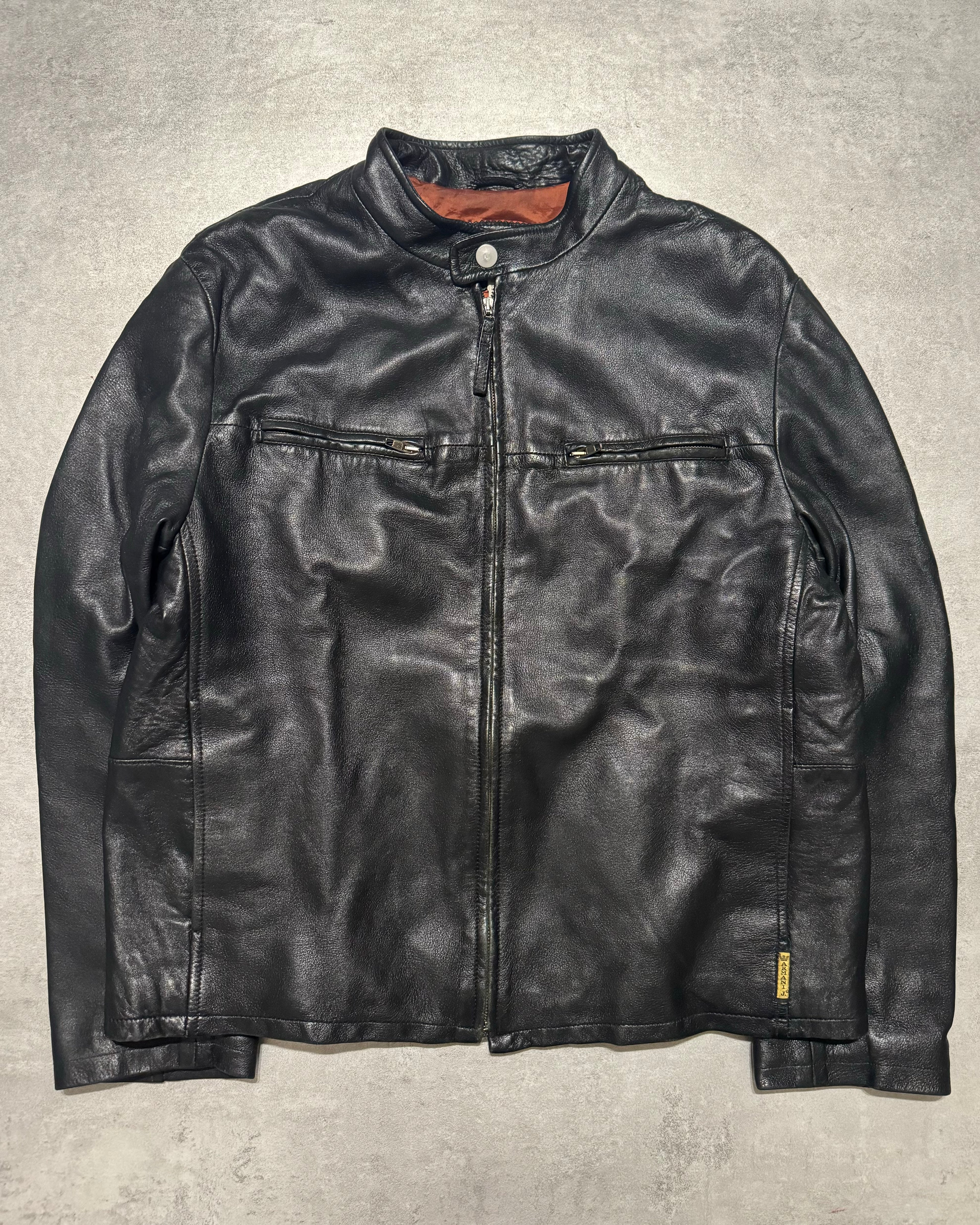 2000s Armani Black Structured Biker Leather Jacket (L) - 5