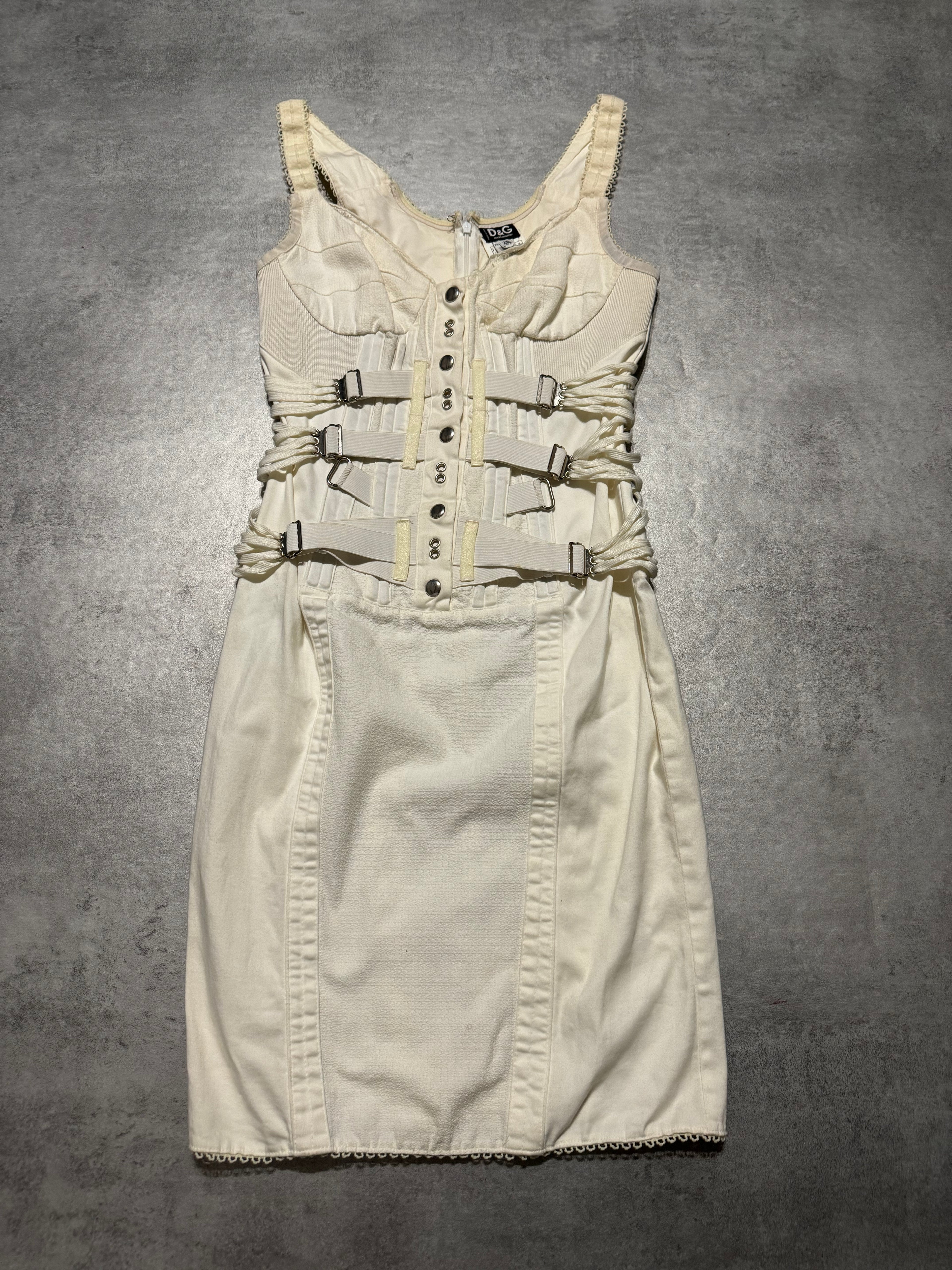 SS2004 Dolce & Gabbana White Bondage Strap Corset Cocktail Ivory Cotton Dress (XS/S) - 7