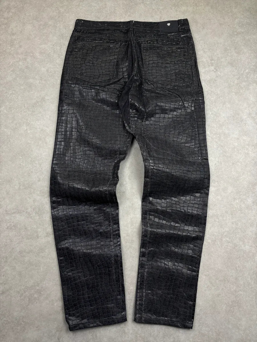 2000s Versace Black Denim Croc-Embossed Coated Jeans vLEhGAfY 4