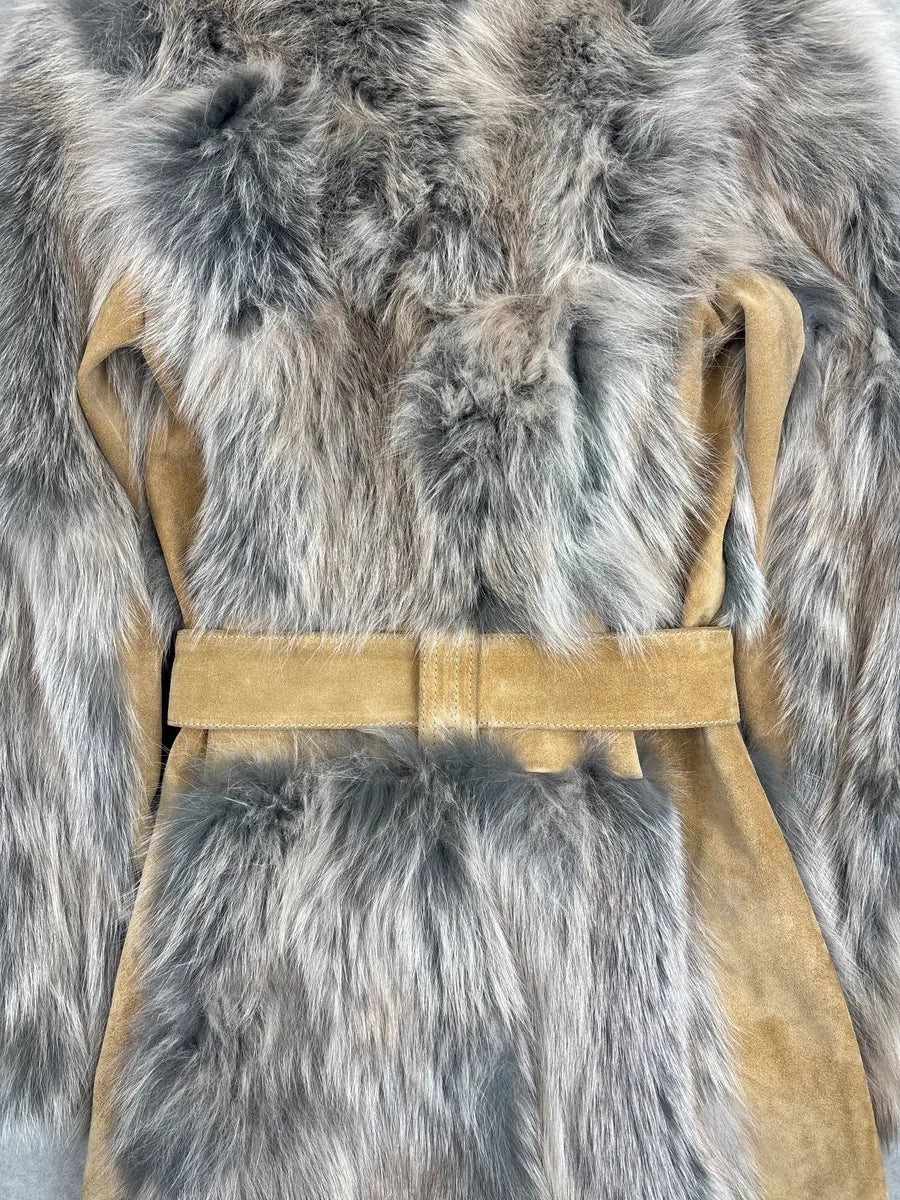 AW2001 Dolce & Gabbana Tan Suede Fox Fur Belted Long Coat vMKjupJm 11