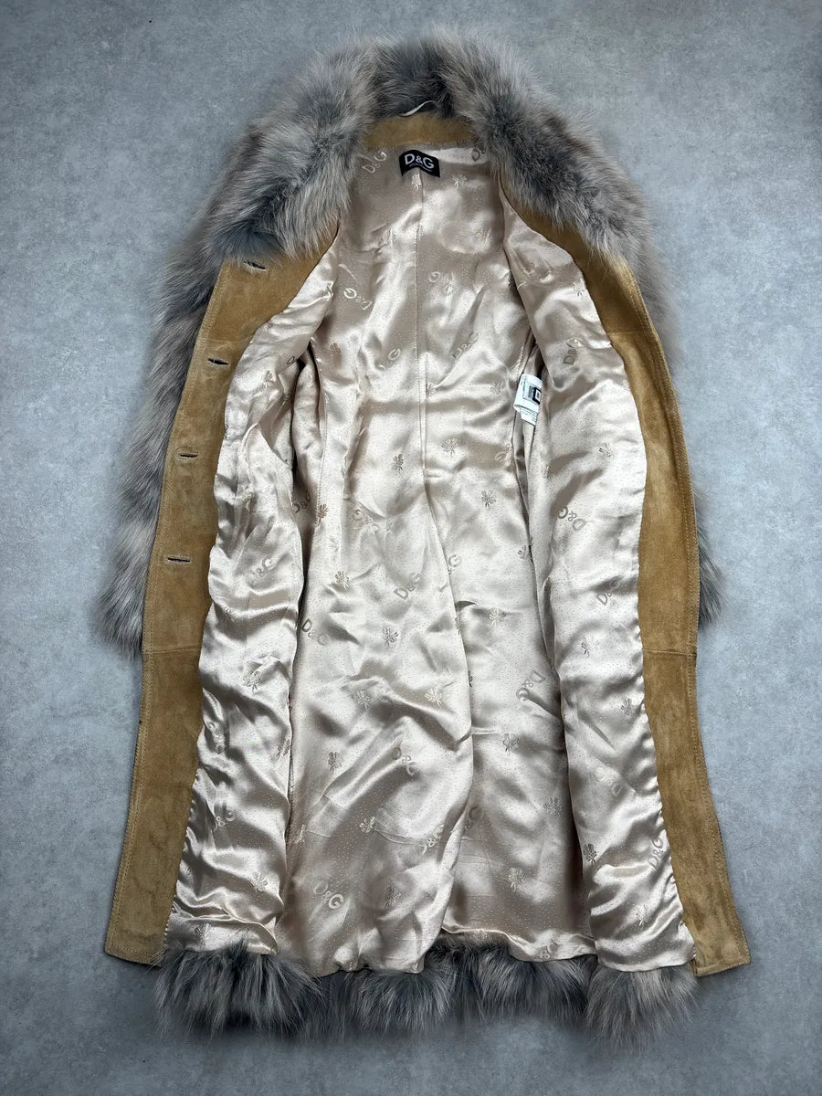 AW2001 Dolce & Gabbana Tan Suede Fox Fur Belted Long Coat vMKjupJm 4