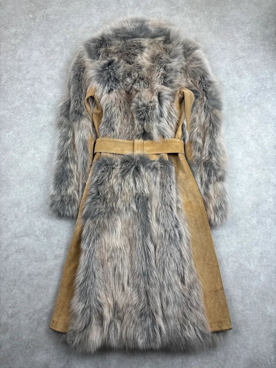 AW2001 Dolce & Gabbana Tan Suede Fox Fur Belted Long Coat vMKjupJm 5