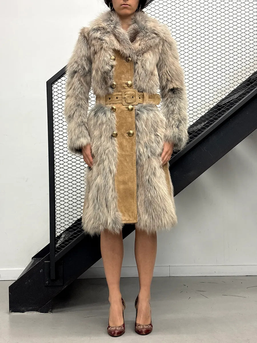 AW2001 Dolce & Gabbana Tan Suede Fox Fur Belted Long Coat vMKjupJm 1
