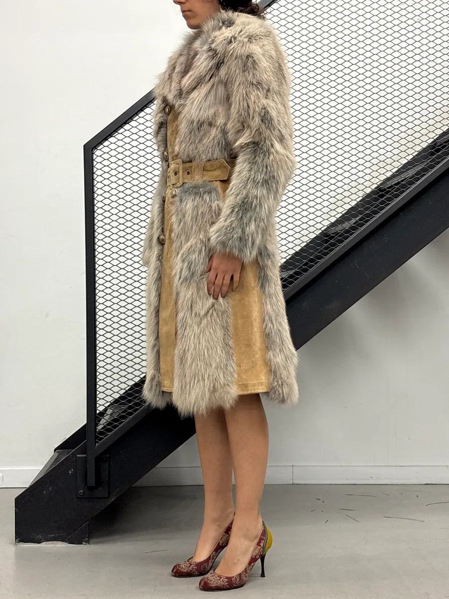 AW2001 Dolce & Gabbana Tan Suede Fox Fur Belted Long Coat vMKjupJm 2