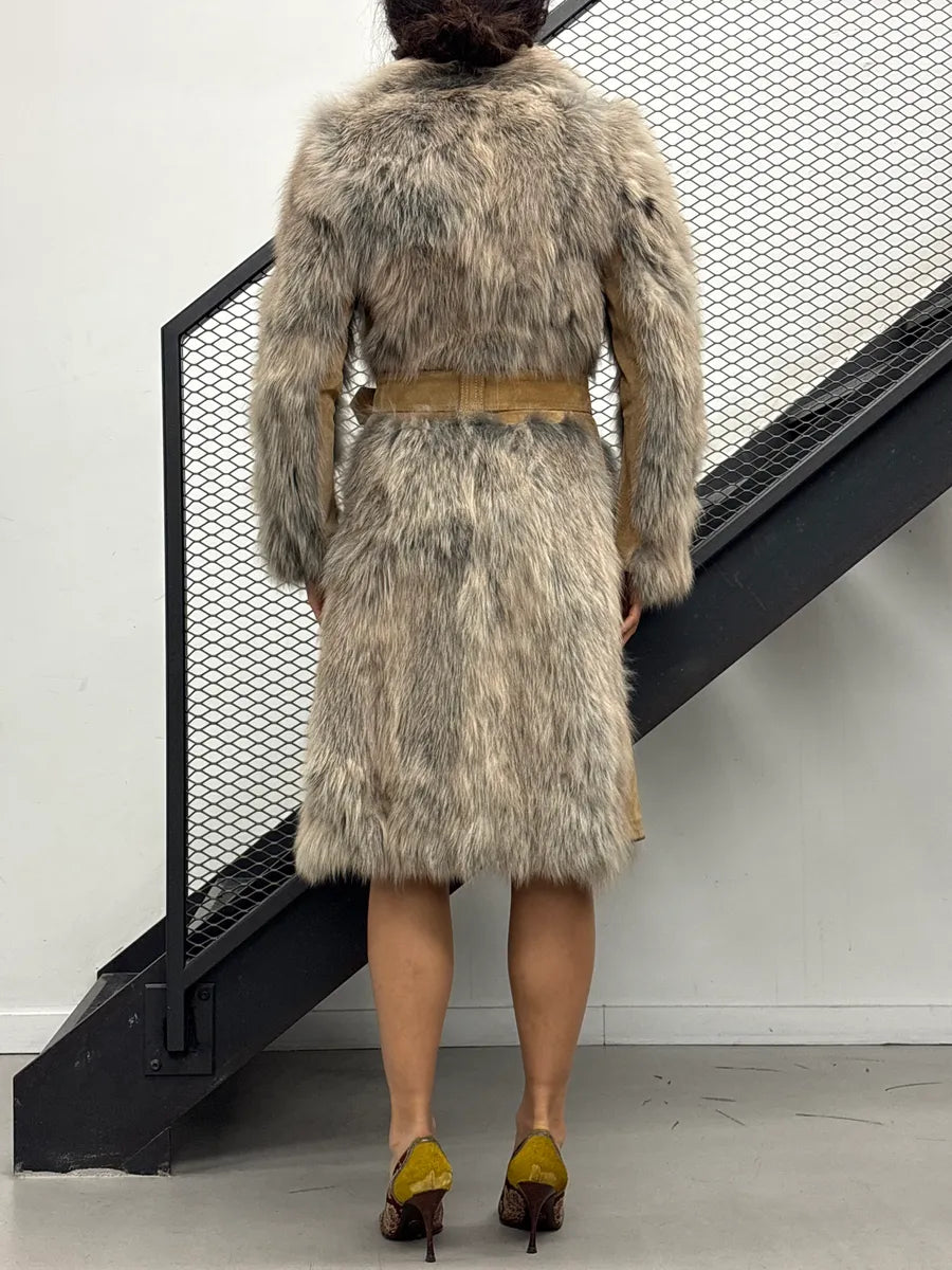 AW2001 Dolce & Gabbana Tan Suede Fox Fur Belted Long Coat vMKjupJm 3