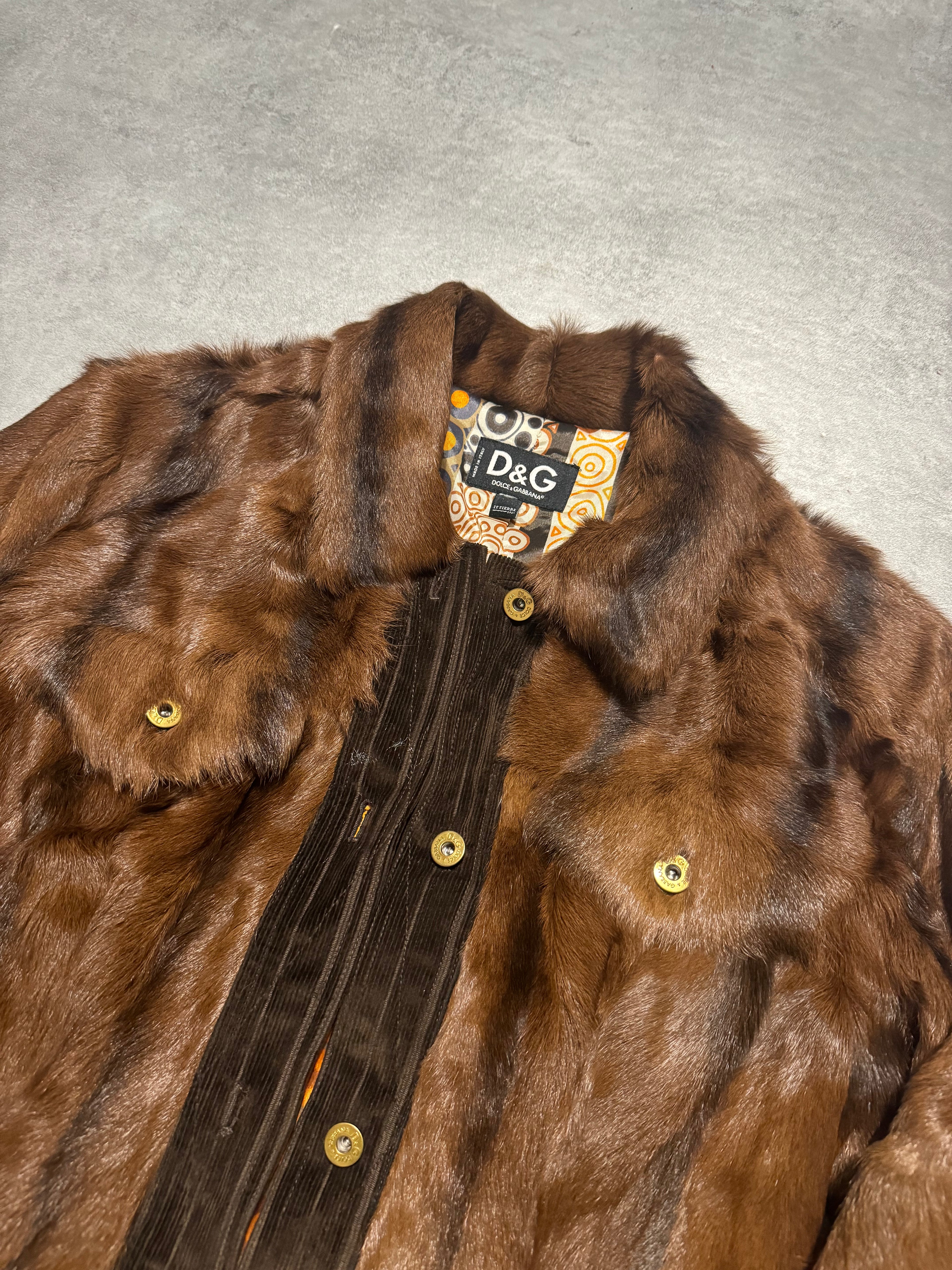 2000s Dolce & Gabbana Brown Fur Buttoned Velvet Jacket (S) - 5