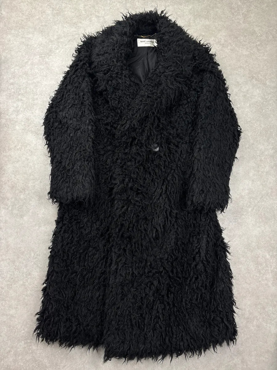 AW2018 Saint Laurent Black Mohair Wool Shaggy Single-Breasted Coat vWSHBzgk 3