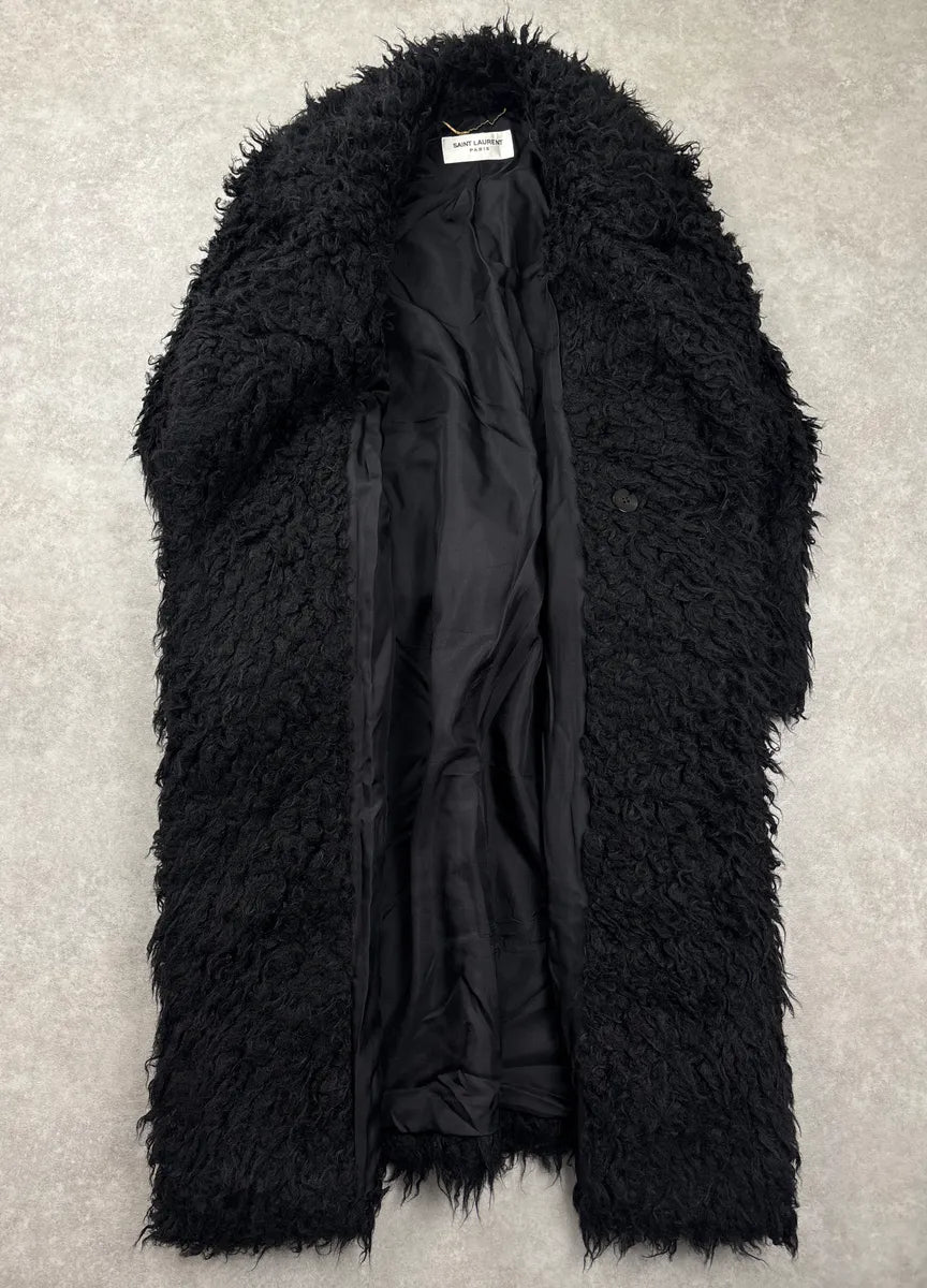AW2018 Saint Laurent Black Mohair Wool Shaggy Single-Breasted Coat vWSHBzgk 4