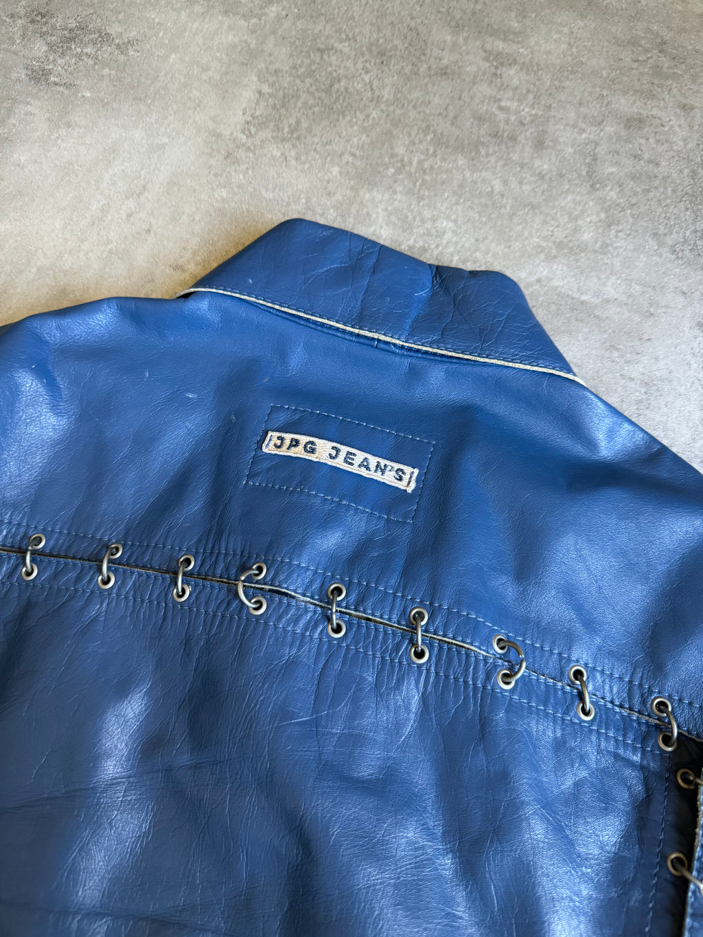 SS2003 Jean Paul Gaultier Pierced Blue Leather Trucker Jacket  (M) - 6
