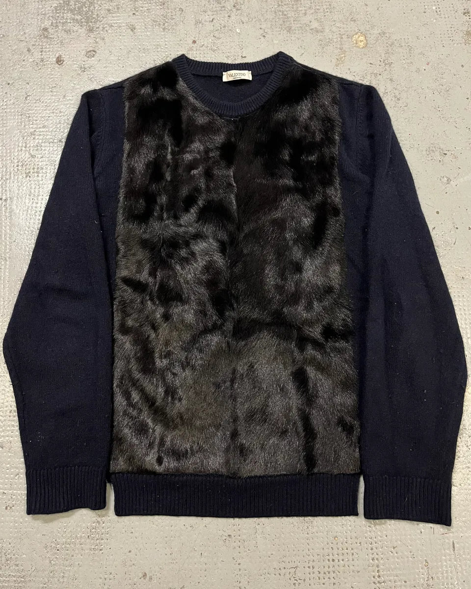 Valentino Navy Cashmere  & Black Fur Sweater wQumBSX 0