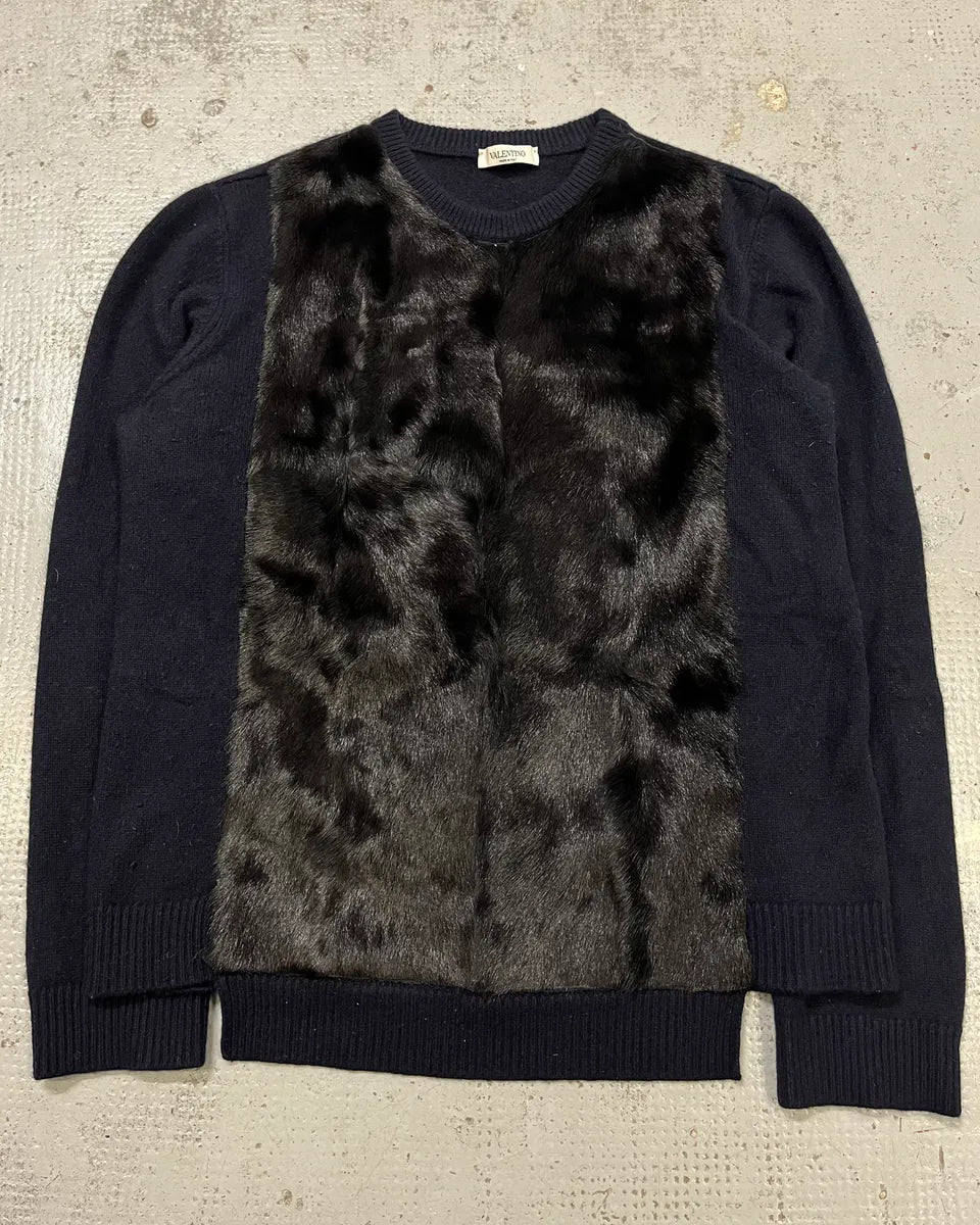 Valentino Navy Cashmere  & Black Fur Sweater wQumBSX 3