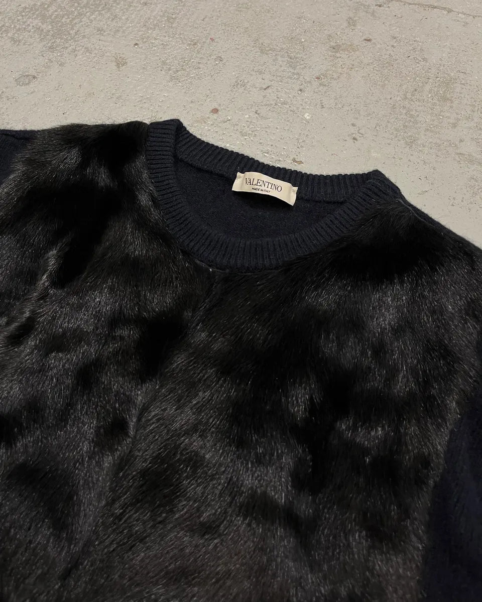 Valentino Navy Cashmere  & Black Fur Sweater wQumBSX 4