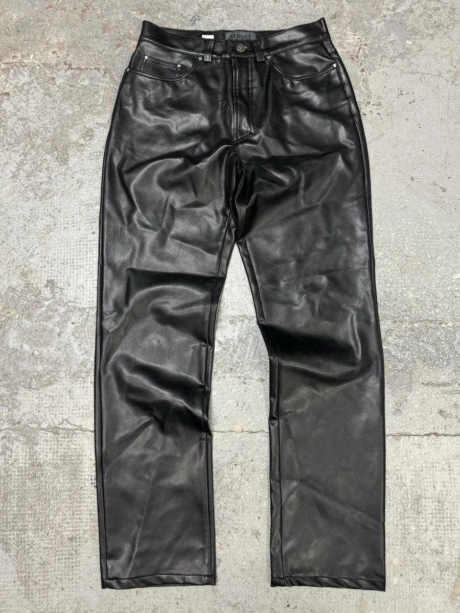 Versace Black Eco Leather Matrix Pants (S) 0