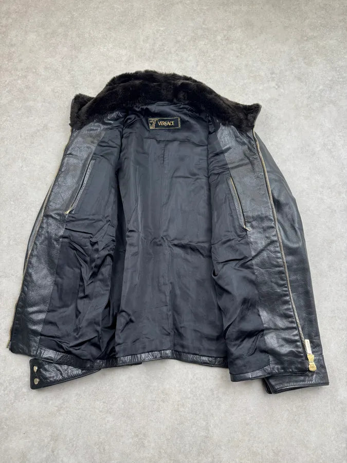 2000s Versace Black Leather Aviator Bomber Jacket xUnbLaG 8